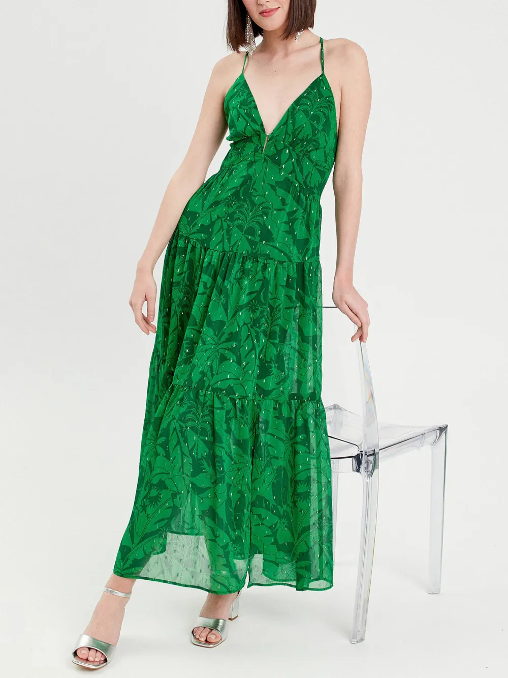 Robe longue évasée bretelles vert femme