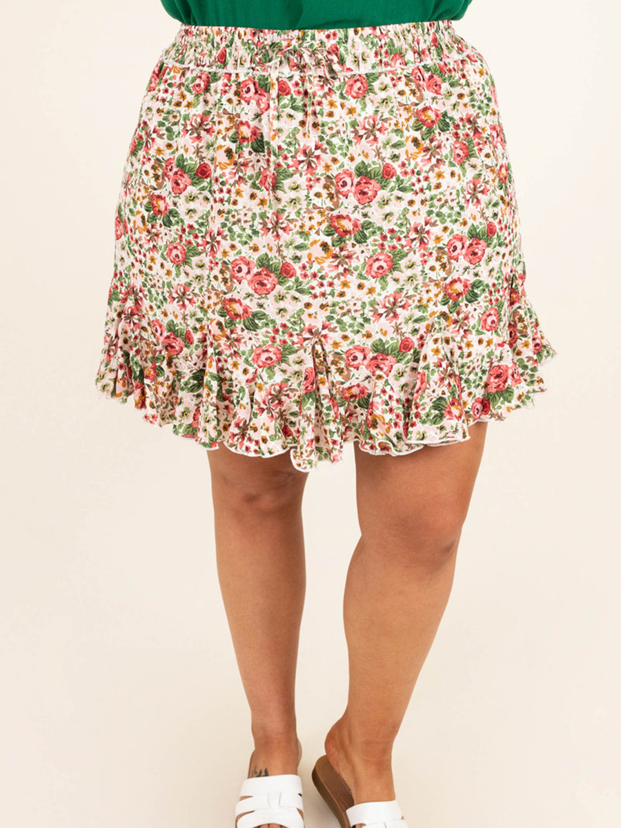 Floral Pattern Wooden Ear Edge Half Skirt