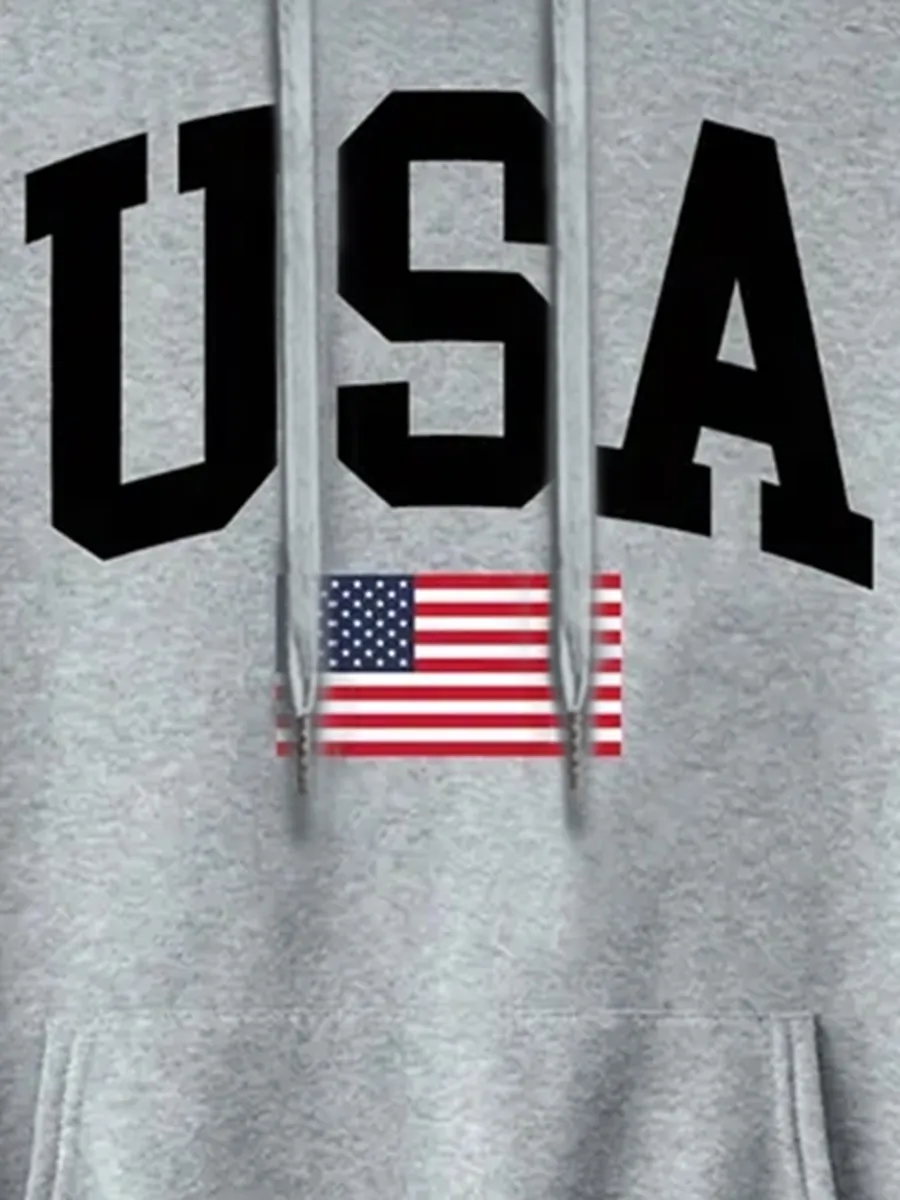 USA Print Kangaroo Pocket Hoodie, Casual Long Sleeve Hoodies Pullover Sweatshirt, Men's Clothing, For Fall Winter