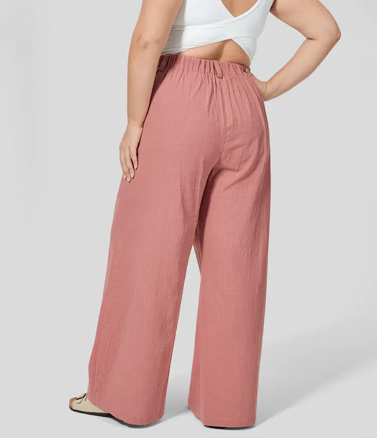 High Waisted Plicated Side Pocket Wide Leg Flowy Casual Plus Size Pants