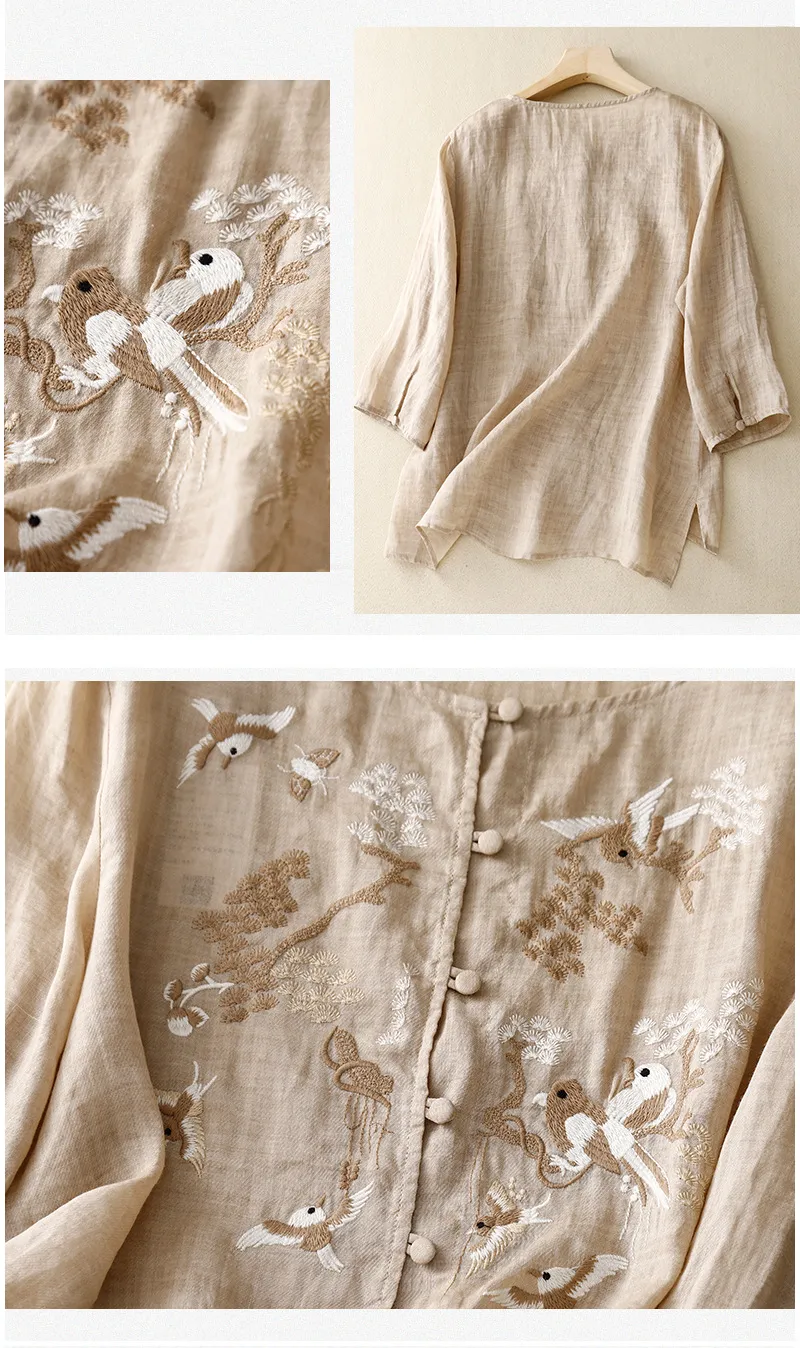 Embroidered Cotton Linen Buckle Texture Top