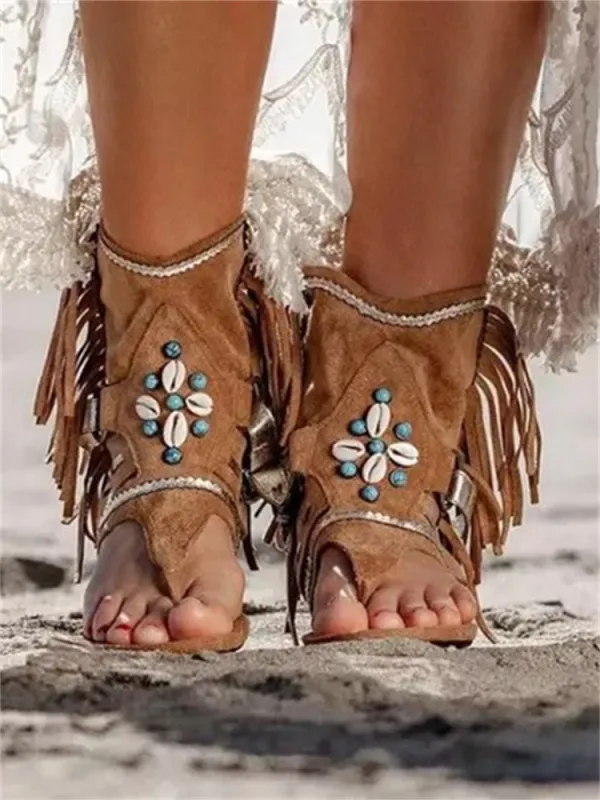 Turquoise & Shell Embellished Tassels Sandals