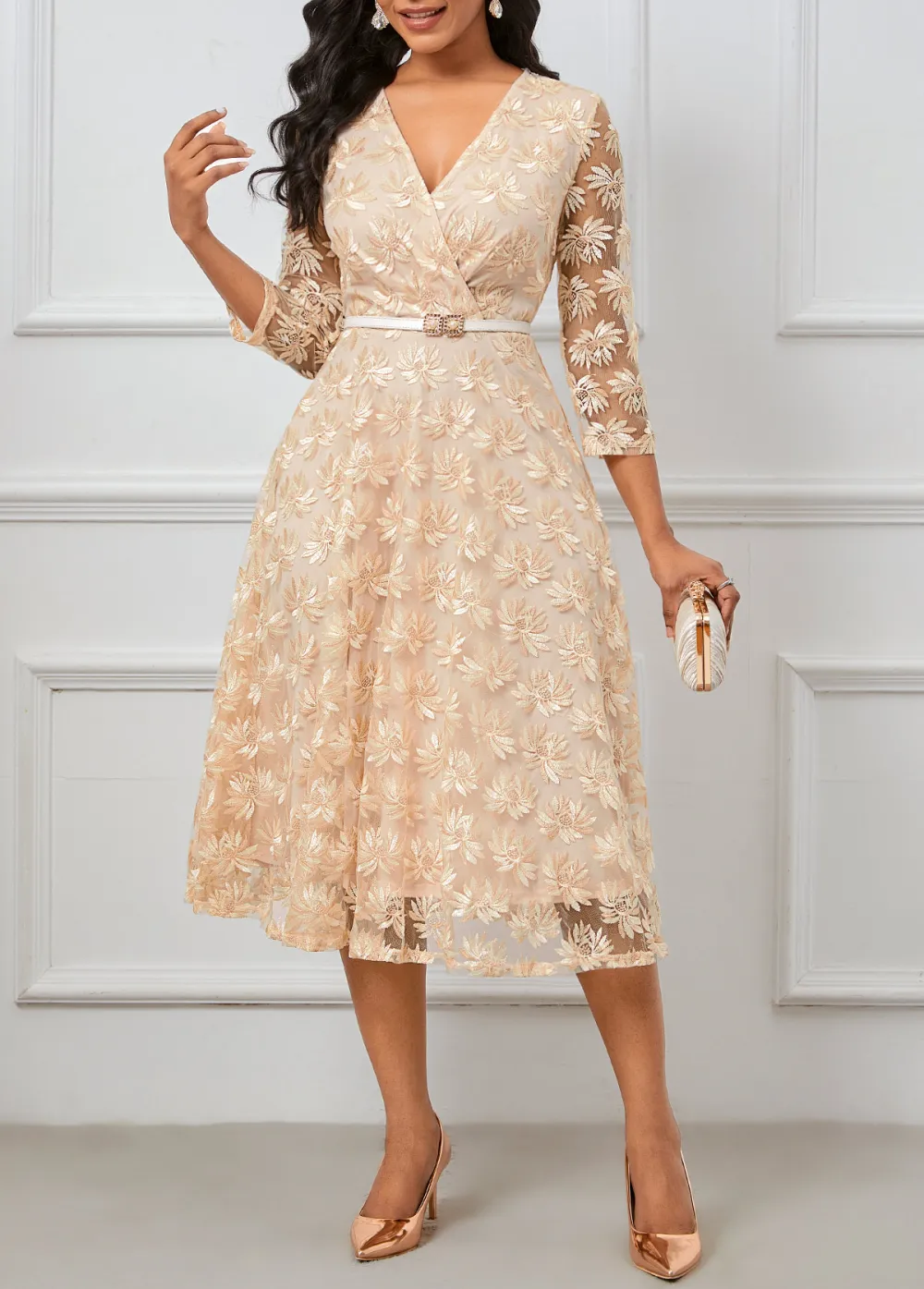 Embroidery Champagne Three Quarter Length Sleeve V Neck Dress