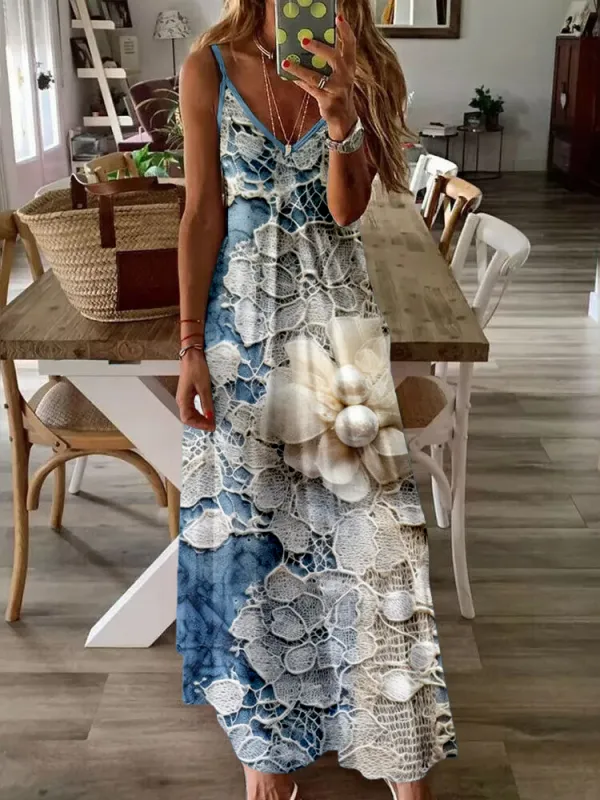 Blue and White Lace Collage Art Cami Maxi Dress