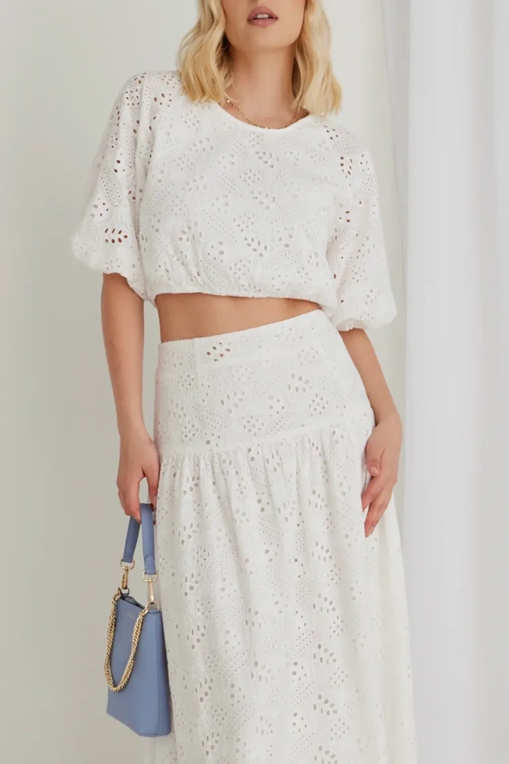 Embellish White Broidery Anglaise Cropped Puff Sleeve Top