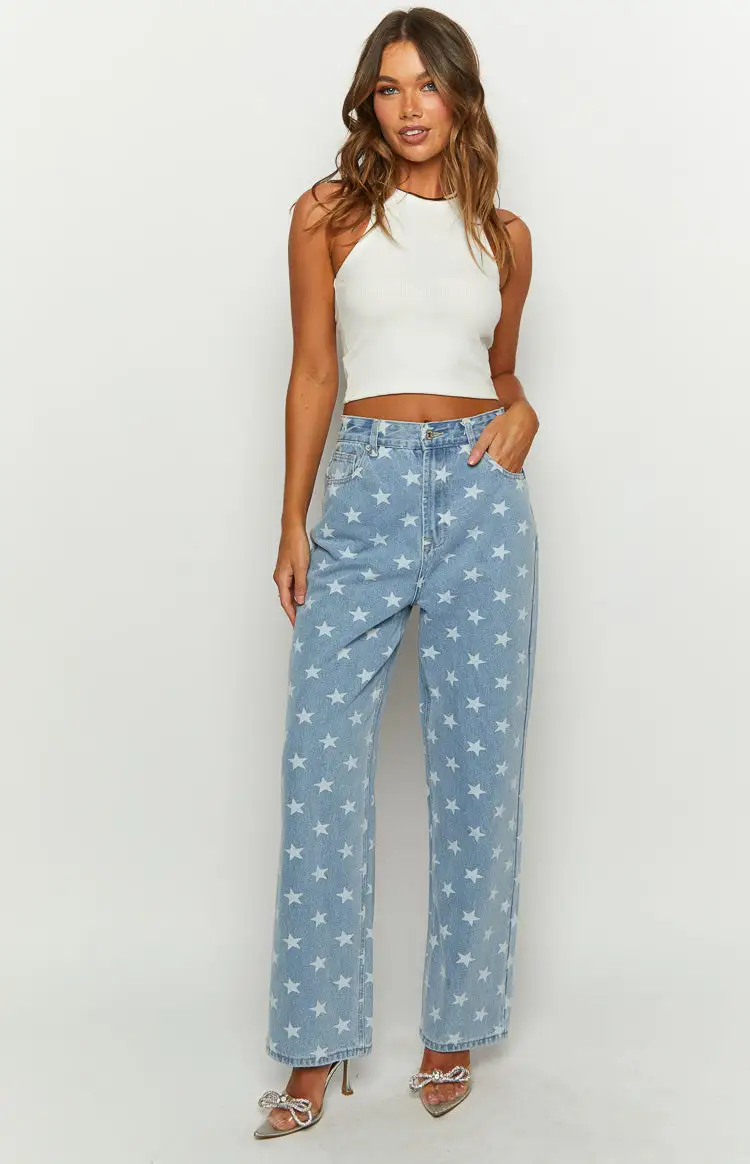 Eli Star Print Mid Wash Wide Leg Denim Jeans