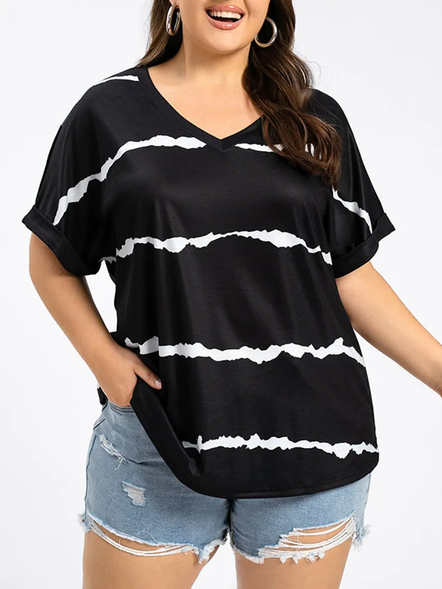 Plus Striped V-Neck Cuffed Sleeve Tee