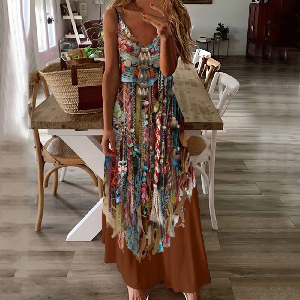 Vintage Western Fringe Print Casual Maxi Dress