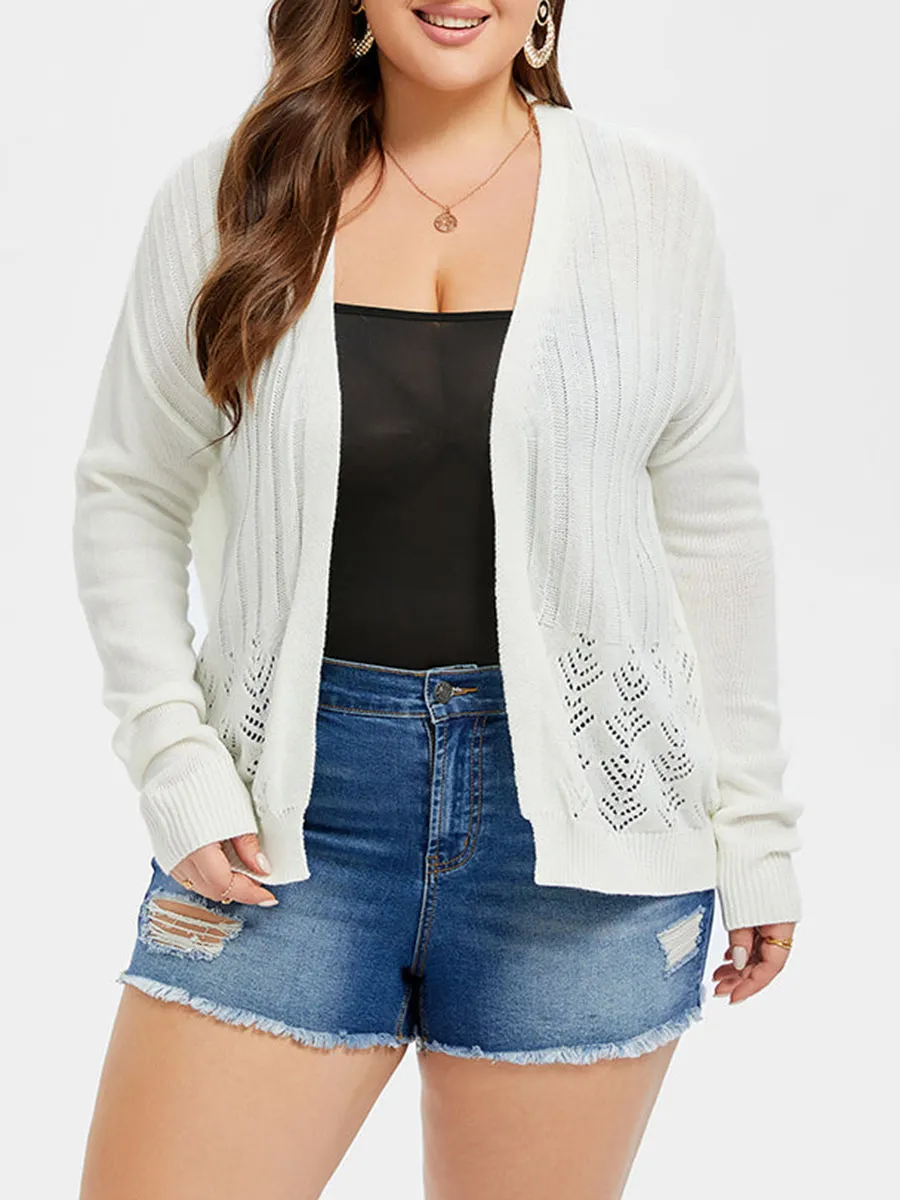 Pointelle Knit Drop Shoulder Open Front Cardigan