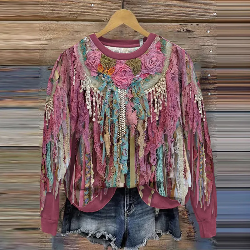 Western Fringed Print Round Neck Casual Sweatshirt