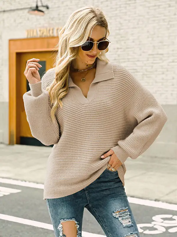 Long Sleeves Solid Color Lapel V-Neck Sweater Tops