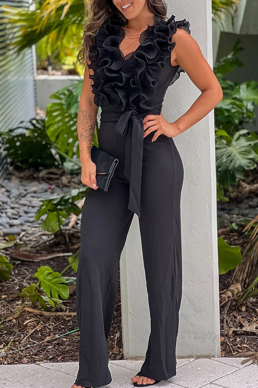 Black Jumpsuit With Ruffle Top