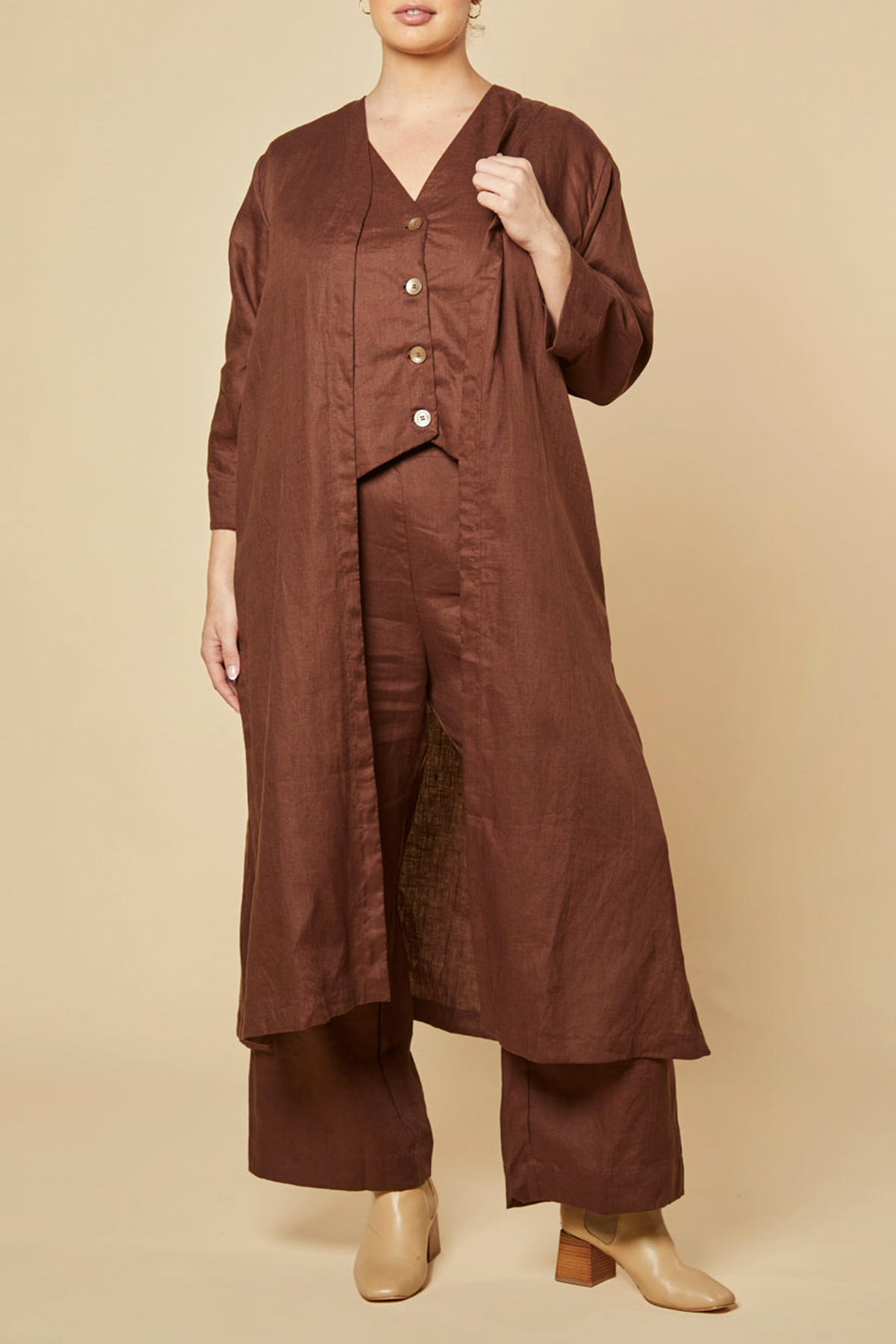 Long Line Linen Duster Jacket In Raisin