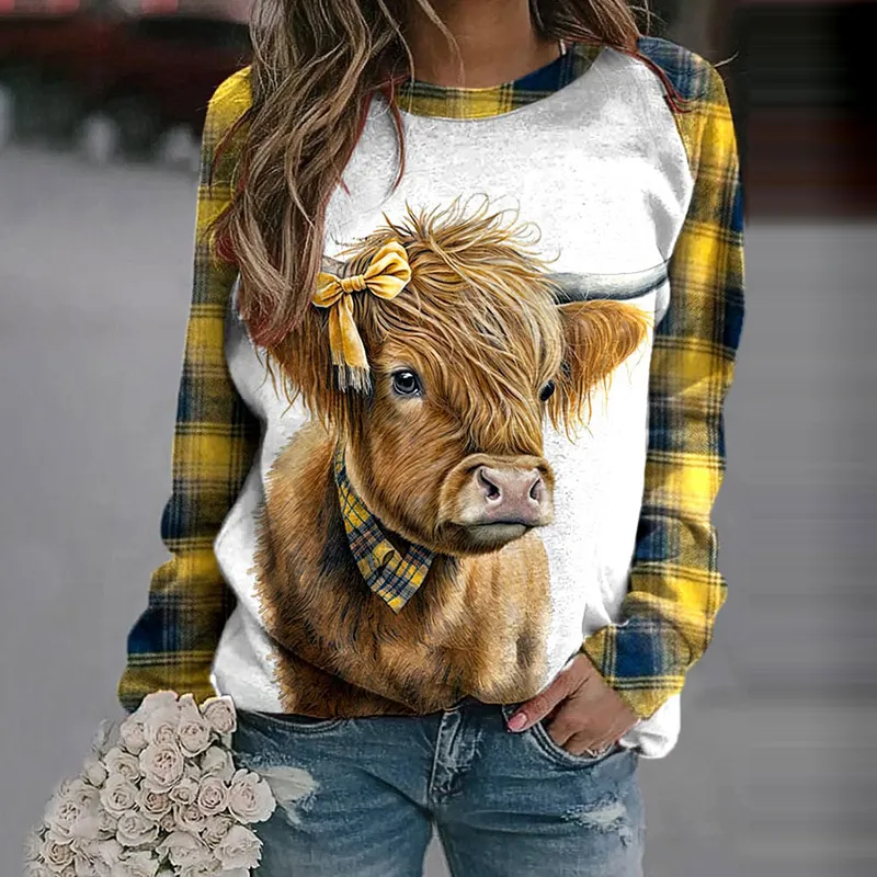 Plaid Highland Cows Print Casual Sweatshirt