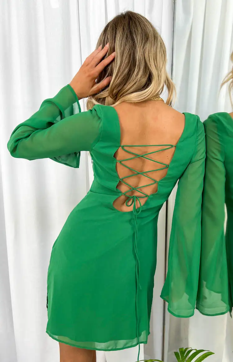 Amalfi Green Long Sleeve Lace Up Mini Dress