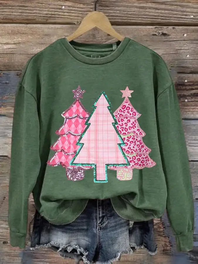 Women's Christmas Tree Print Round Neck Sweatshirt