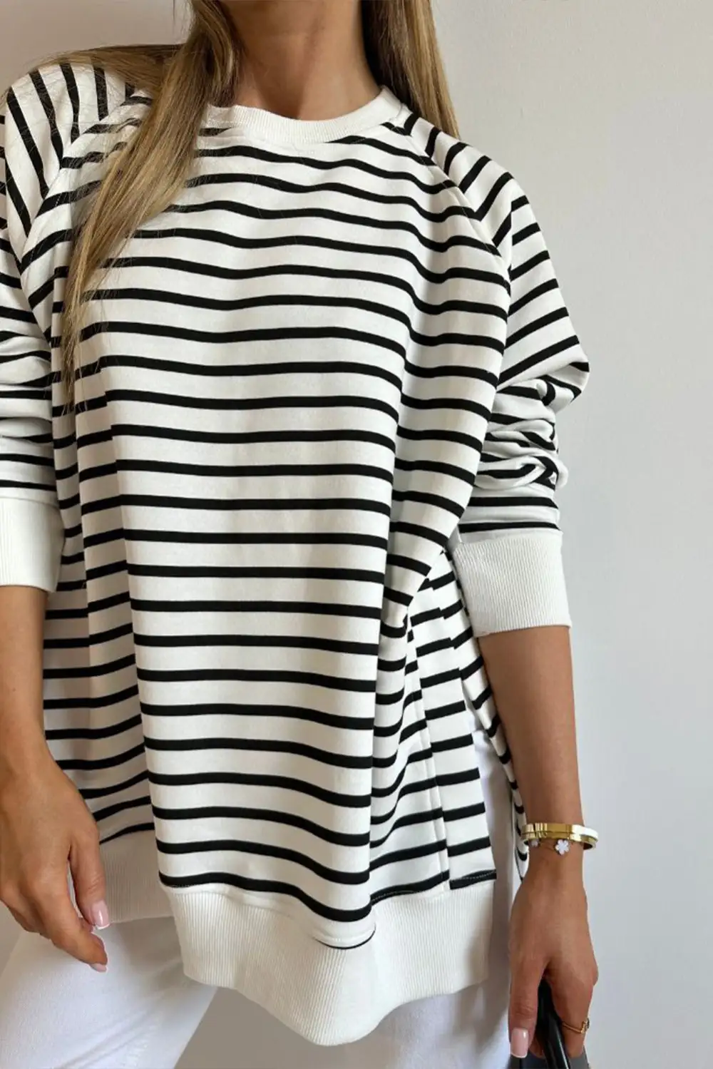 Black Stripe Raglan Sleeve Loose Split Sweatshirt