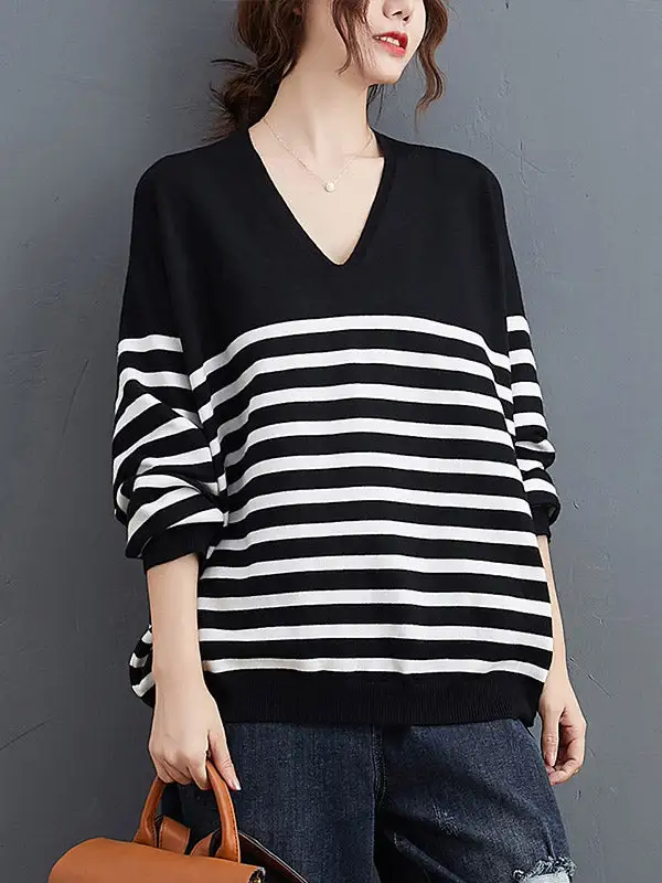 Artistic Retro Casual Loose Striped V-Neck Long Sleeves Knitted Sweater