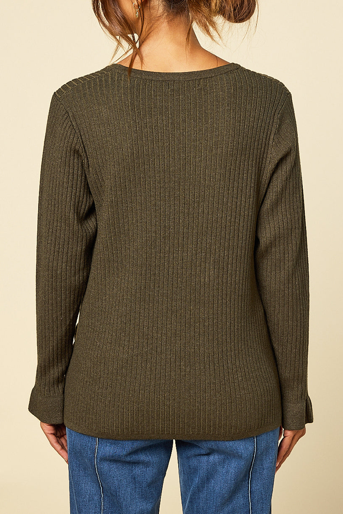 Long Sleeve Knitted Top In Khaki