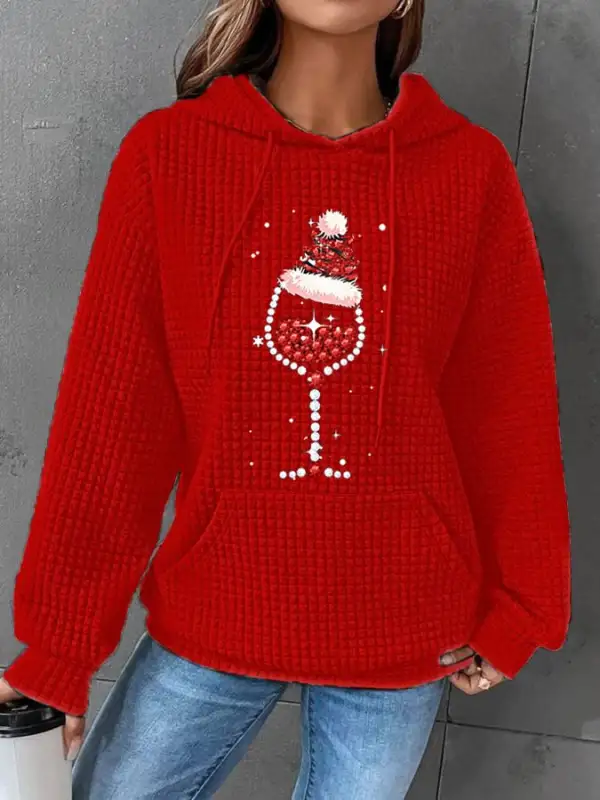 Women's Shiny Christmas Hat Red Wine Glass Casual Waffle Hoodie