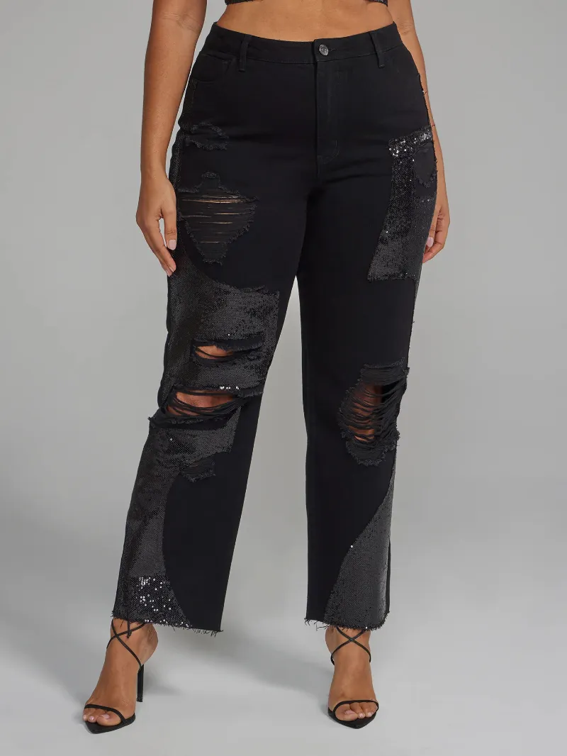 Distressed Straight Leg Jeans With Sequin Details