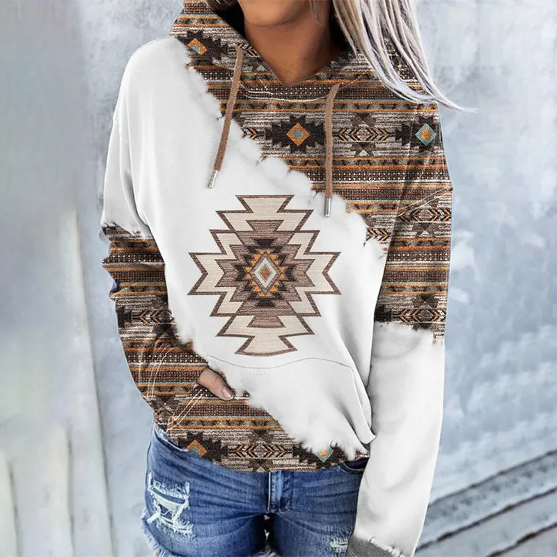 Western Vintage Print Casual Long Sleeve Hoodie