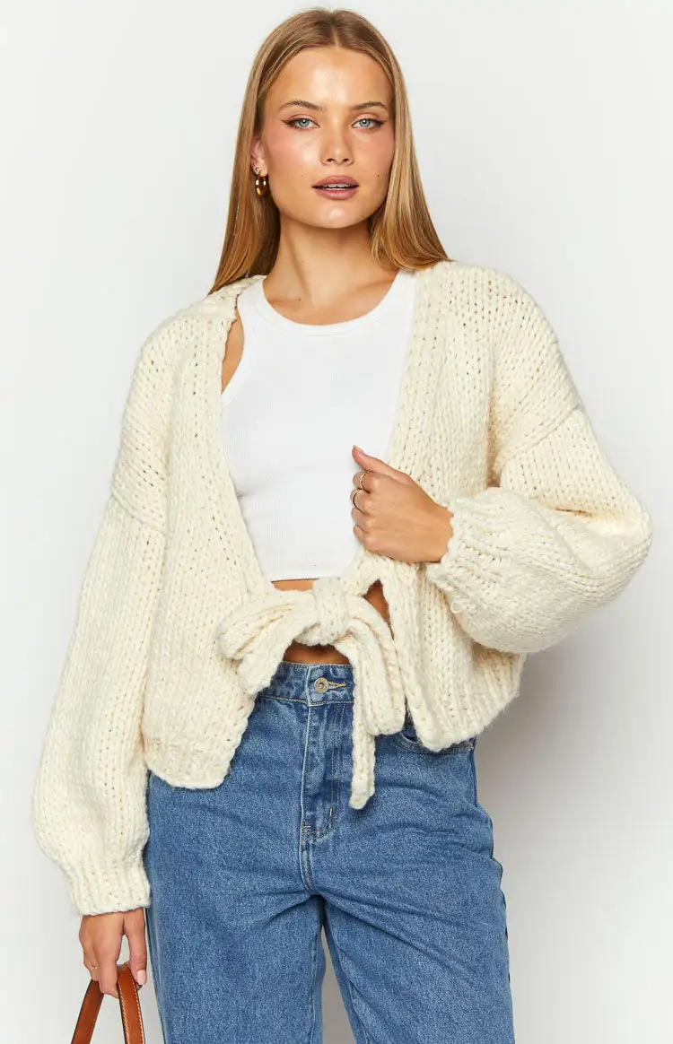 Holiday Cream Tie Up Knit Cardigan