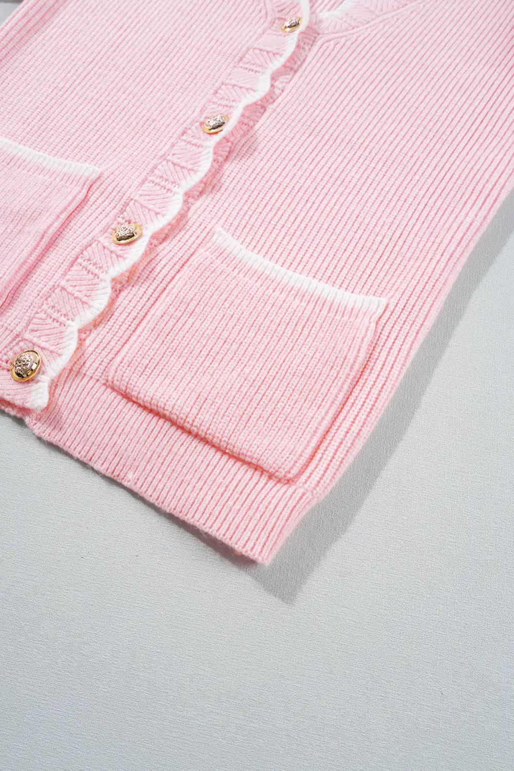 Pink Ribbed Knit Scalloped Edge Side Pockets Buttoned Cardigan