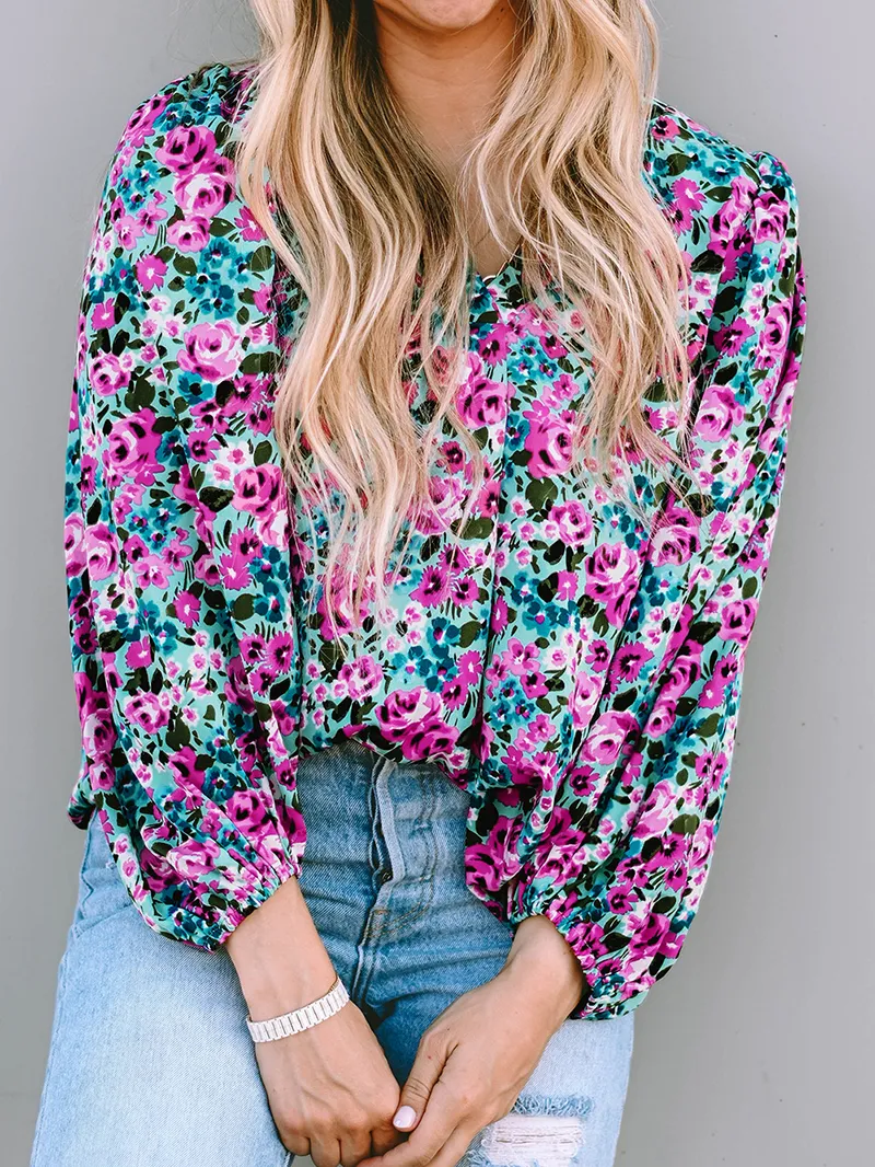 BOHO FLORAL PRINT V-NECK LONG SLEEVE BLOUSE