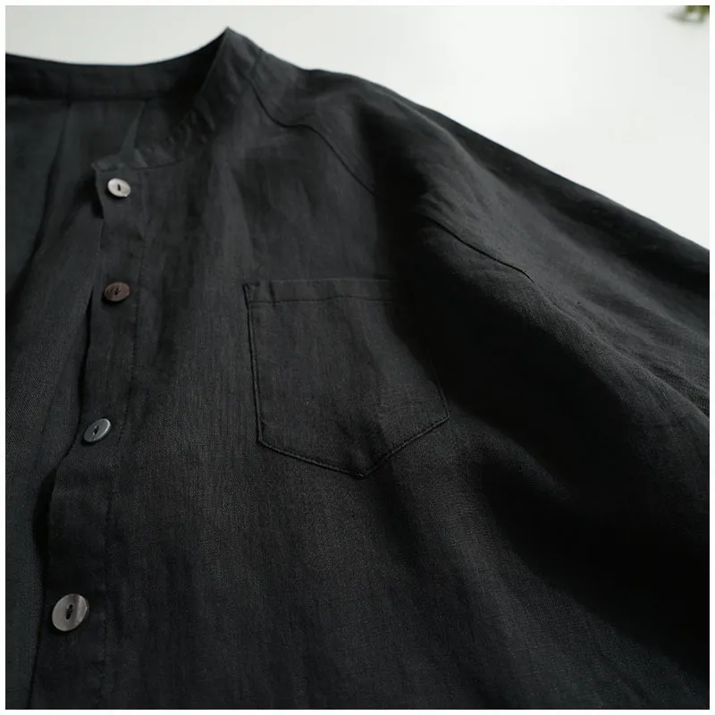 Stand collar 3/4 sleeve cotton linen shirt