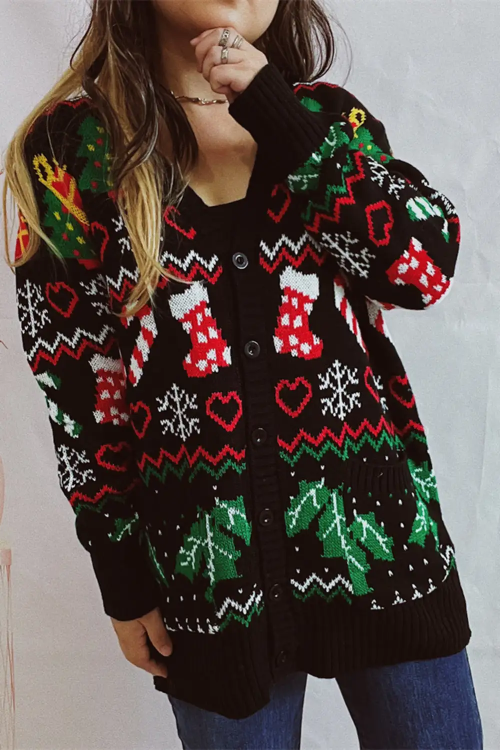 Black Heart Christmas Fashion Pattern Button Up Drop Shoulder Cardigan