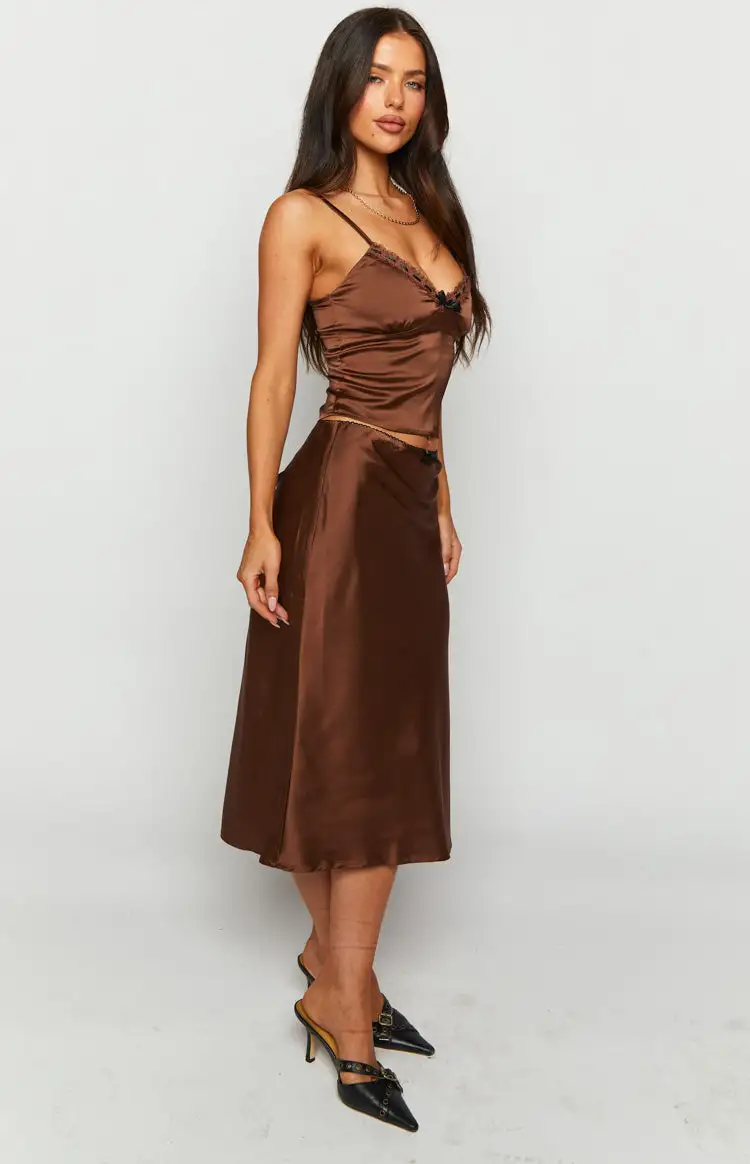 Khloe Brown Satin Midi Skirt