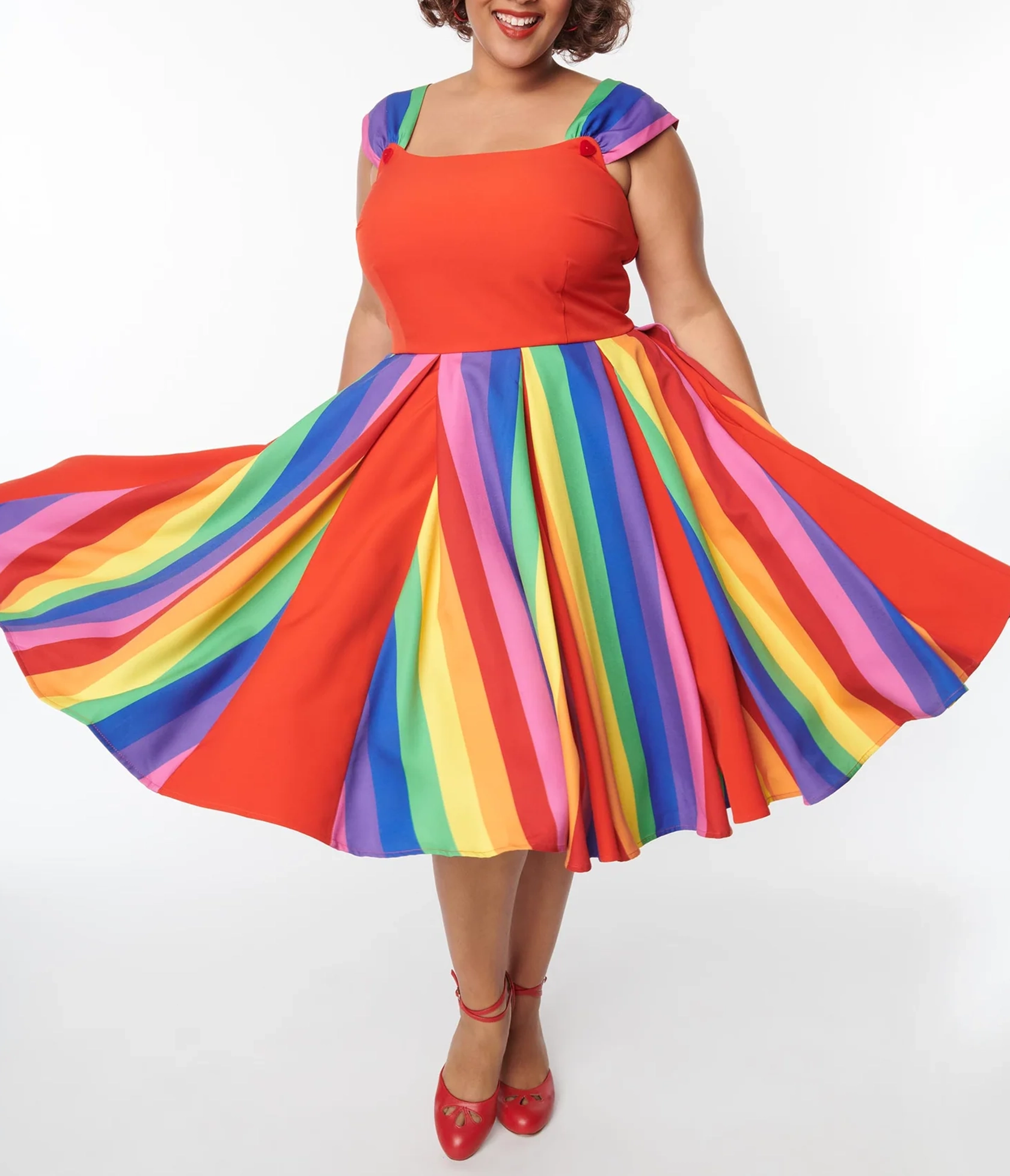 Unique Vintage Plus Size Red & Rainbow Stripe Swing Dress