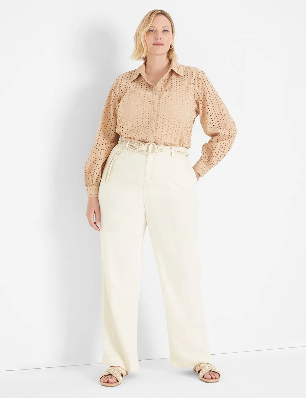 Long-Sleeve Button-Down Eyelet Top