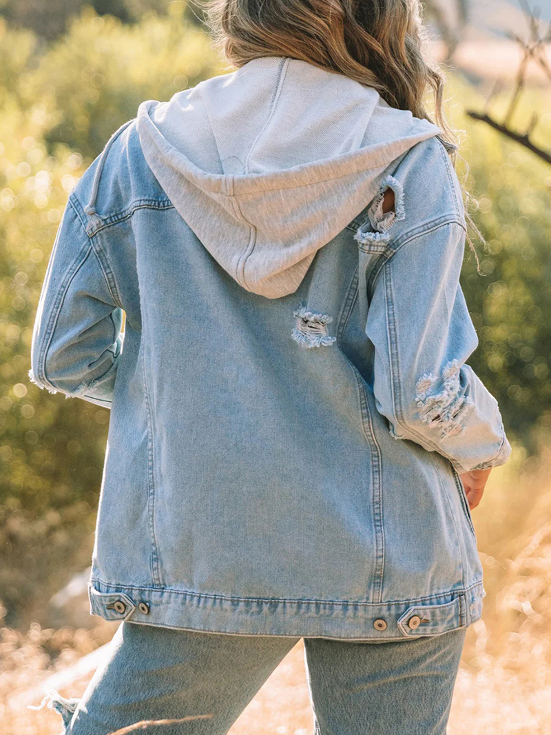 Casual solid color patchwork hooded denim jacket