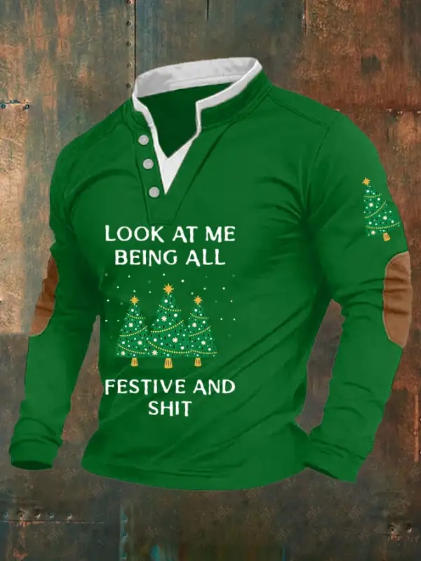 Men's Funny Christmas Look At Me Being All Festive And Shit Special V-Neck Long-Sleeve Top