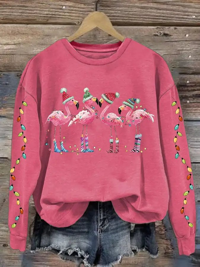 Women's Christmas Flamingo Print Crewneck Sweatshirt