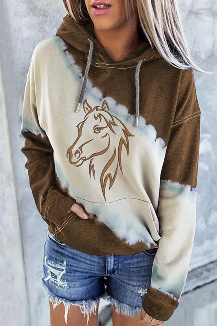 Western Horse Print Panel Casual Hoodie