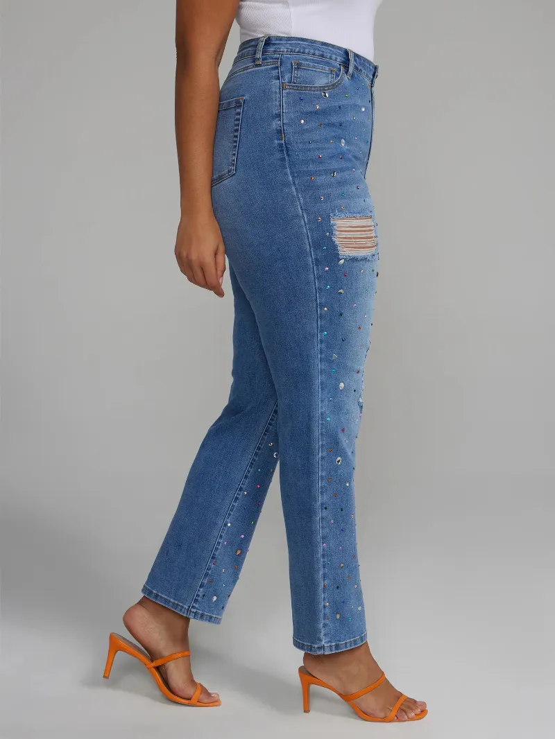 High Rise Rhinestone Straight Leg Jeans