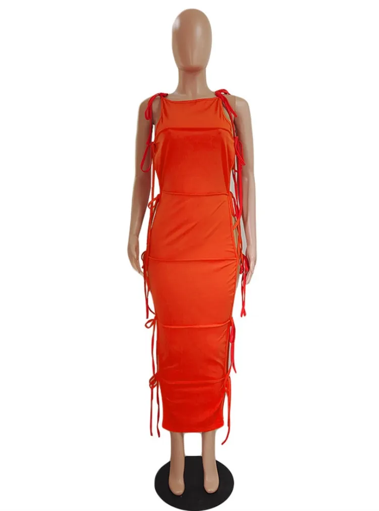 Women Summer Orange Sexy O-Neck Sleeveless Solid Lace Up Maxi Straight Plus Size Long Dress