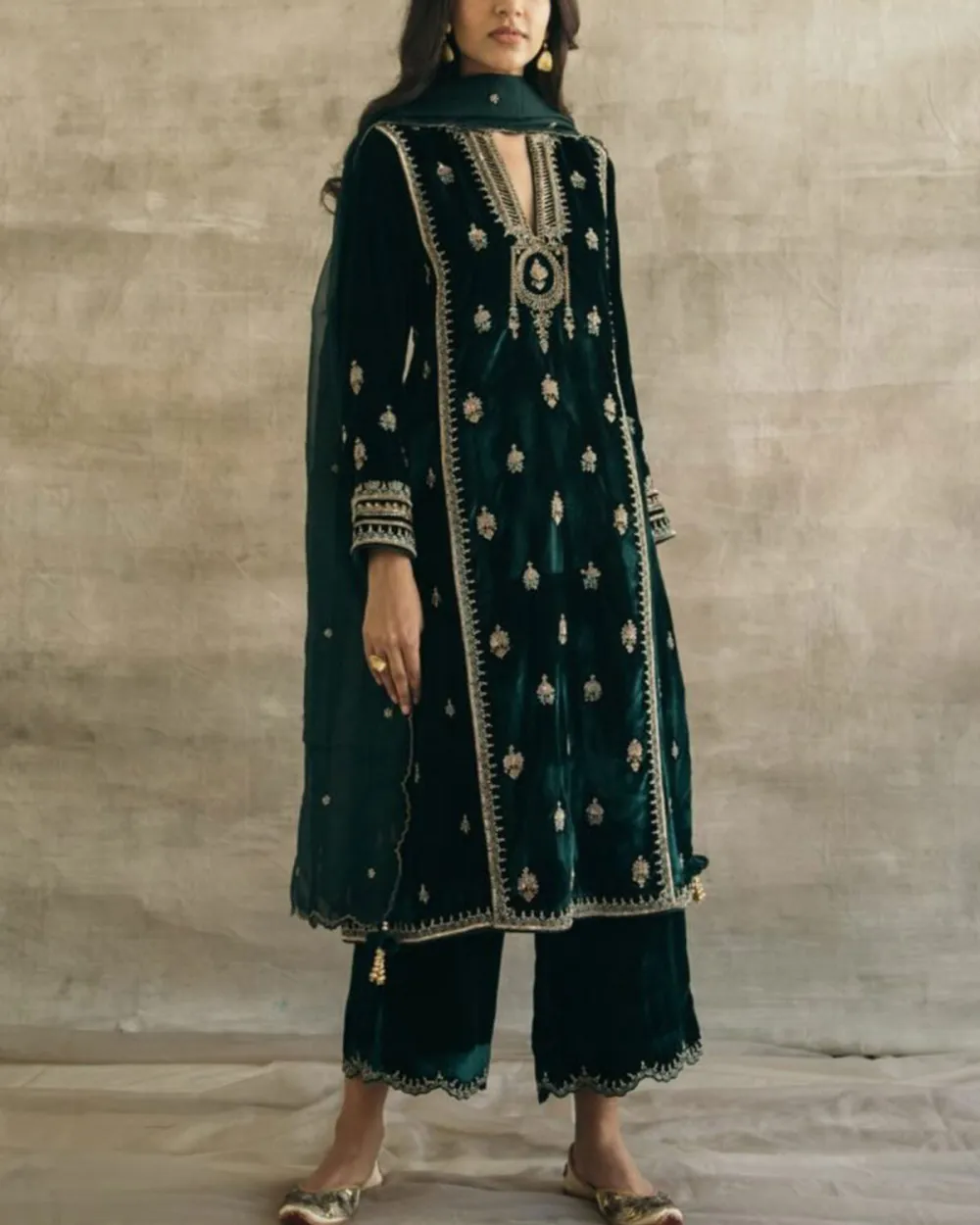 Silk Velvet Embroidered Mughal Kurta Set