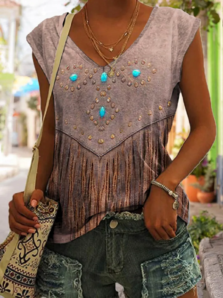 Vintage Western Fringe Print V-Neck Sleeveless Tank Top