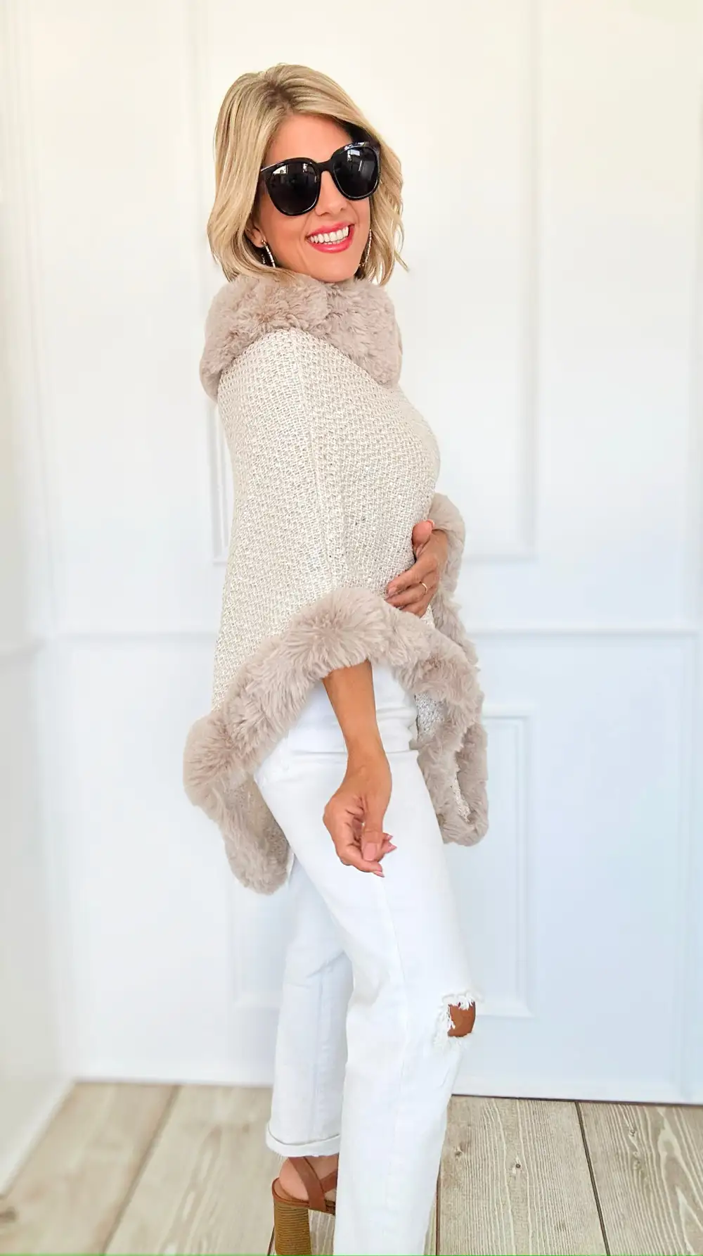 Midnight Glam Vegan Fur Poncho - Beige