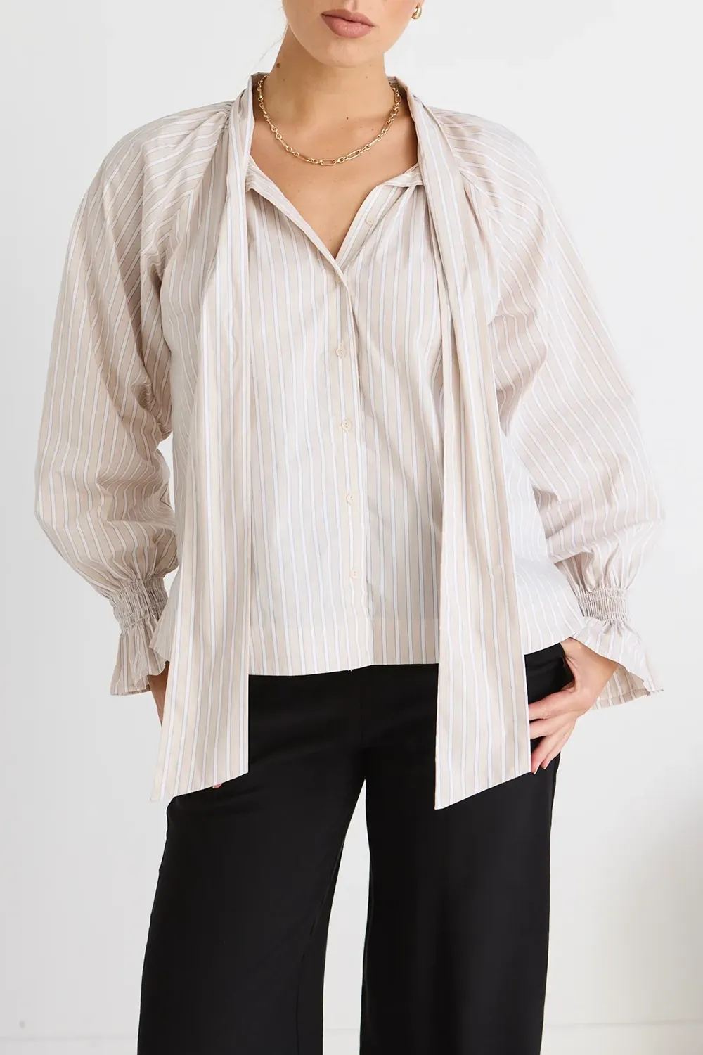 Compassion Ecru Stripe Poplin Tie Front Blouse