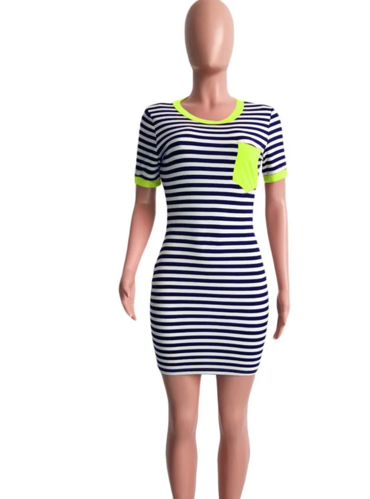 Women Summer Green Casual O-Neck Short Sleeves Striped Print Pockets Mini Sheath Shirt Dress