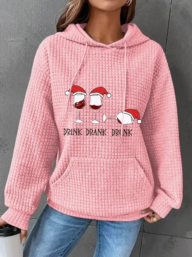 Women's Funny Christmas Drink Drank Drunk Red Wine Glass Casual Waffle Hoodie