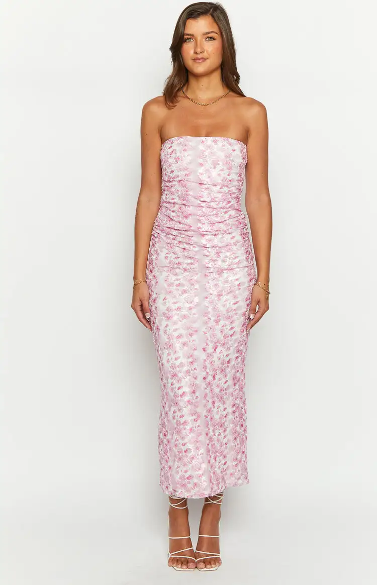 Imogen Pink Floral Print Strapless Maxi Dress