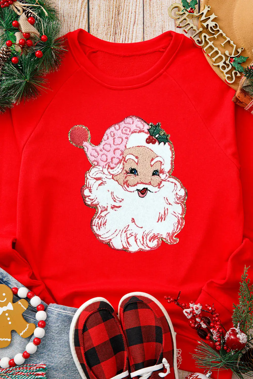 Red Santa Claus Graphic Crewneck Raglan Sleeve Christmas Sweatshirt