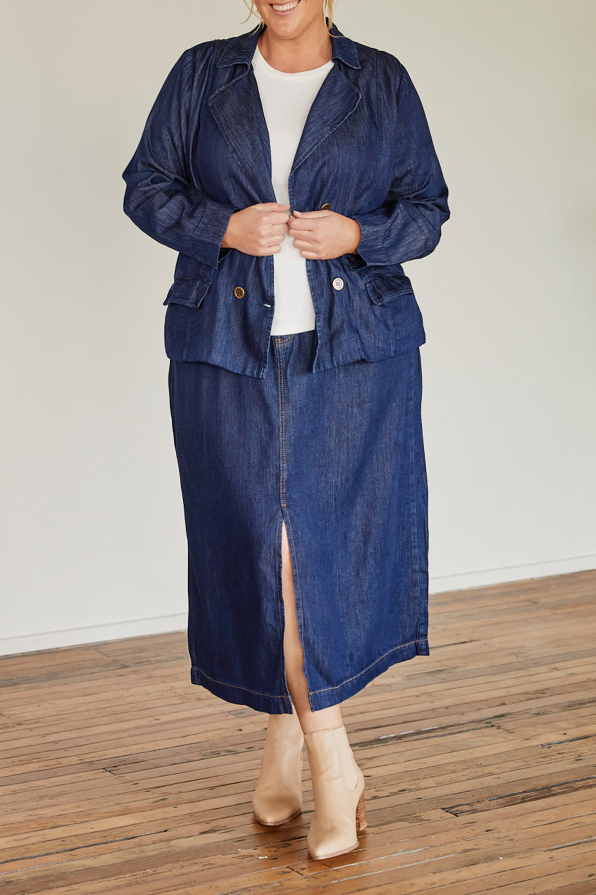 Adrift Split Tencel Skirt in Dark Wash