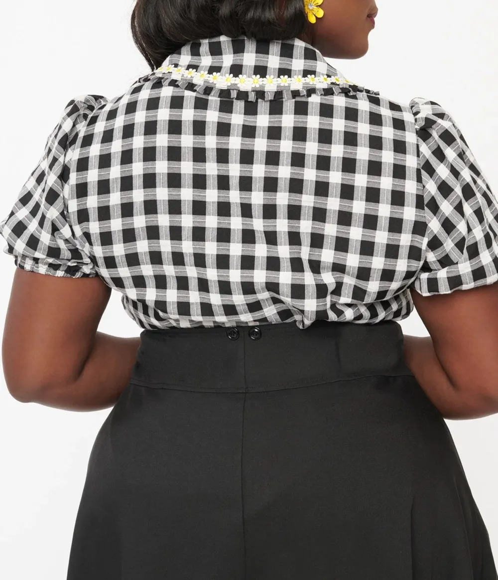 Unique Vintage Plus Size 1930s White And Black Gingham Daisy Blouse